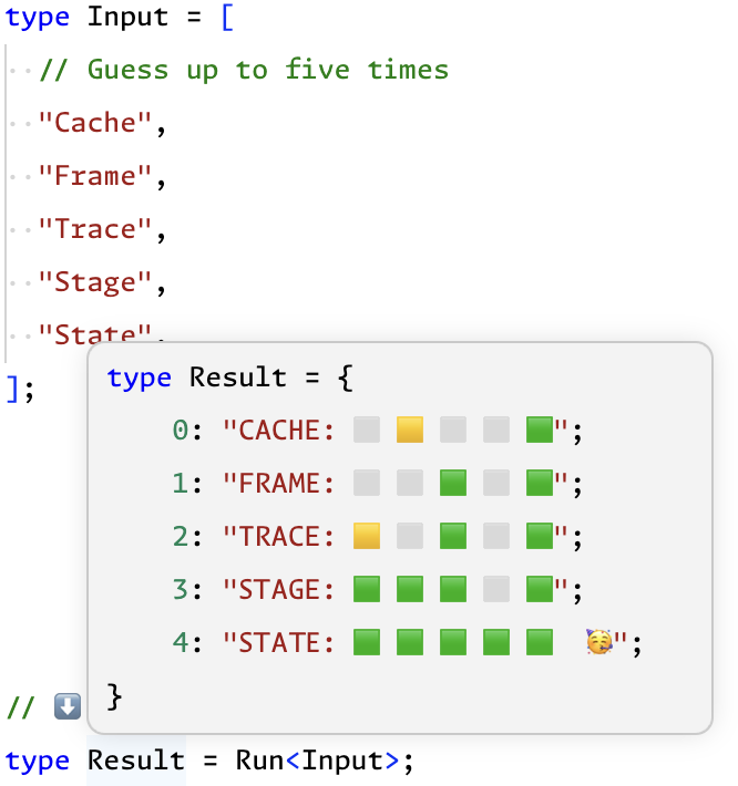 Wordle game implemented in TypeScript at the type level